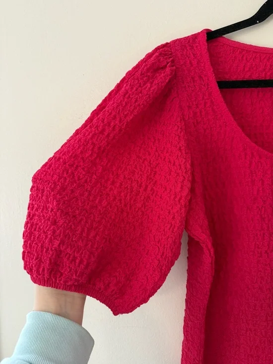 Anthropologie Maeve Balloon Sleeved Textured Smocked Stretch Top Large Hot Pink - Picture 4 of 8